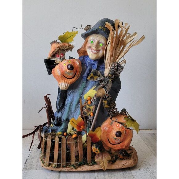 Vintage witch paper mache motion activated light up Halloween skeleton prop deco - Picture 2 of 16